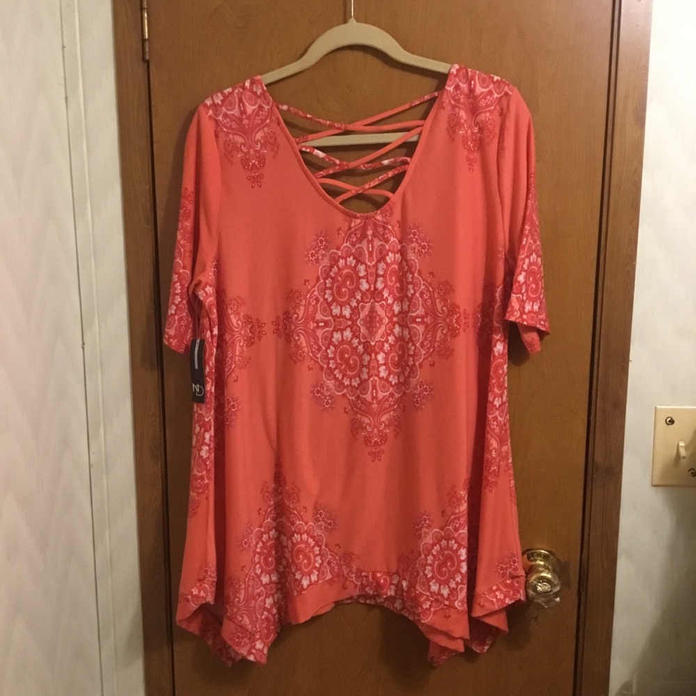 New Directions Coral Orange Medallion Crisscross Tunic XL